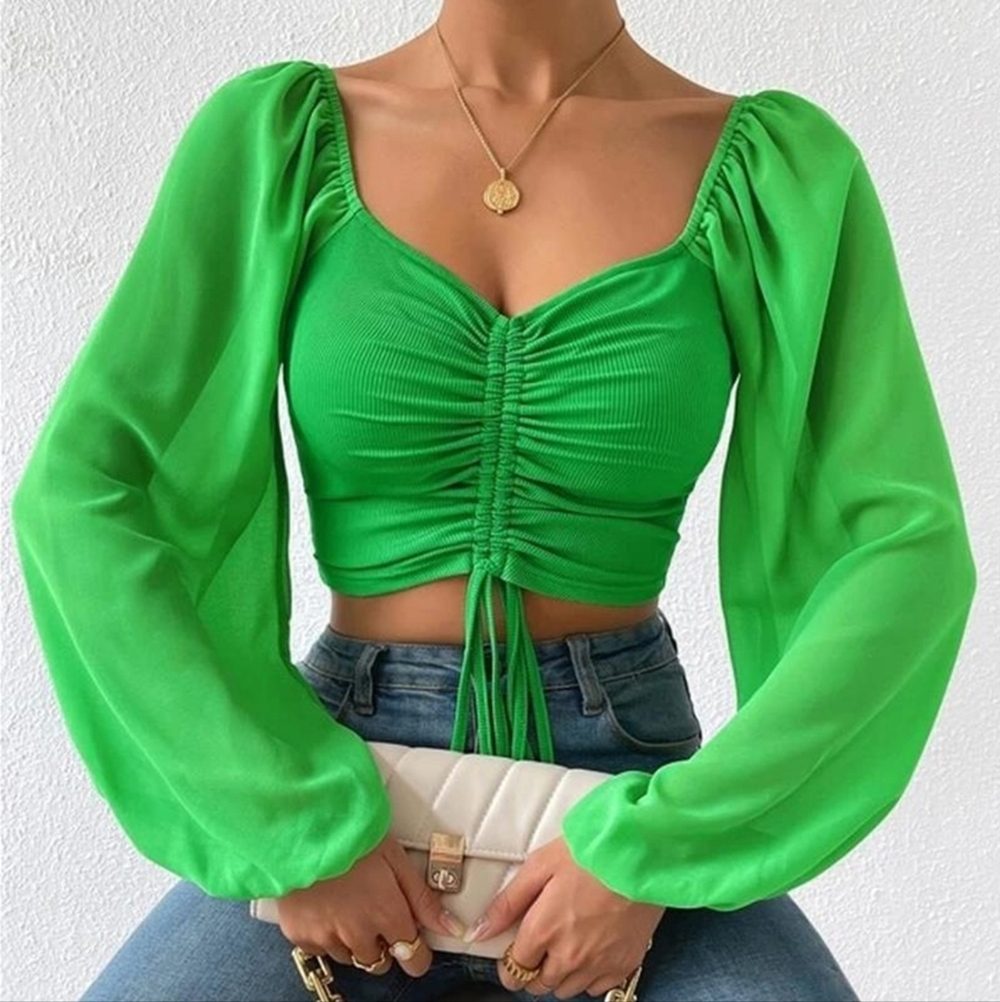 Sweet Talk Drawstring Crop Top - Mid Green